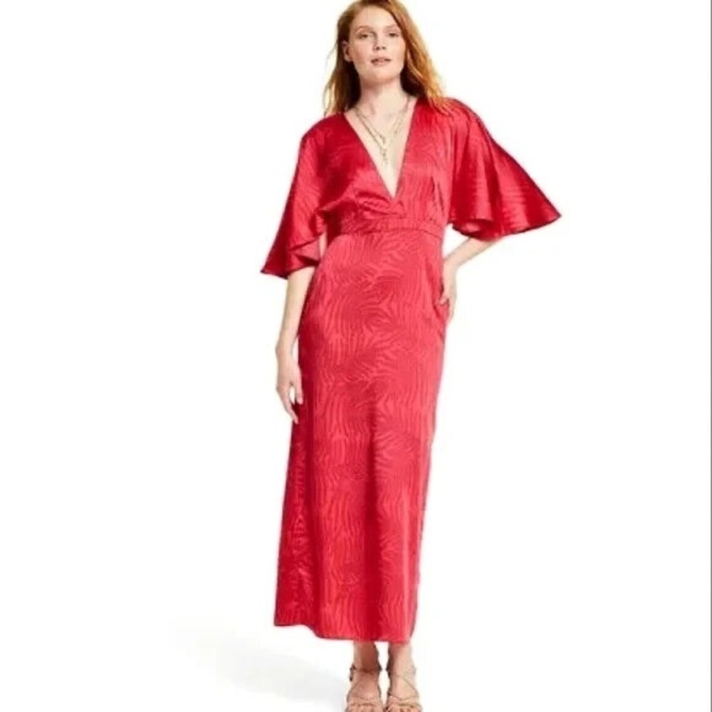 Fe Noel Womenās Size 4 Palm Leaf Red Maxi Dress with Flutter Sleeves and V-Neck